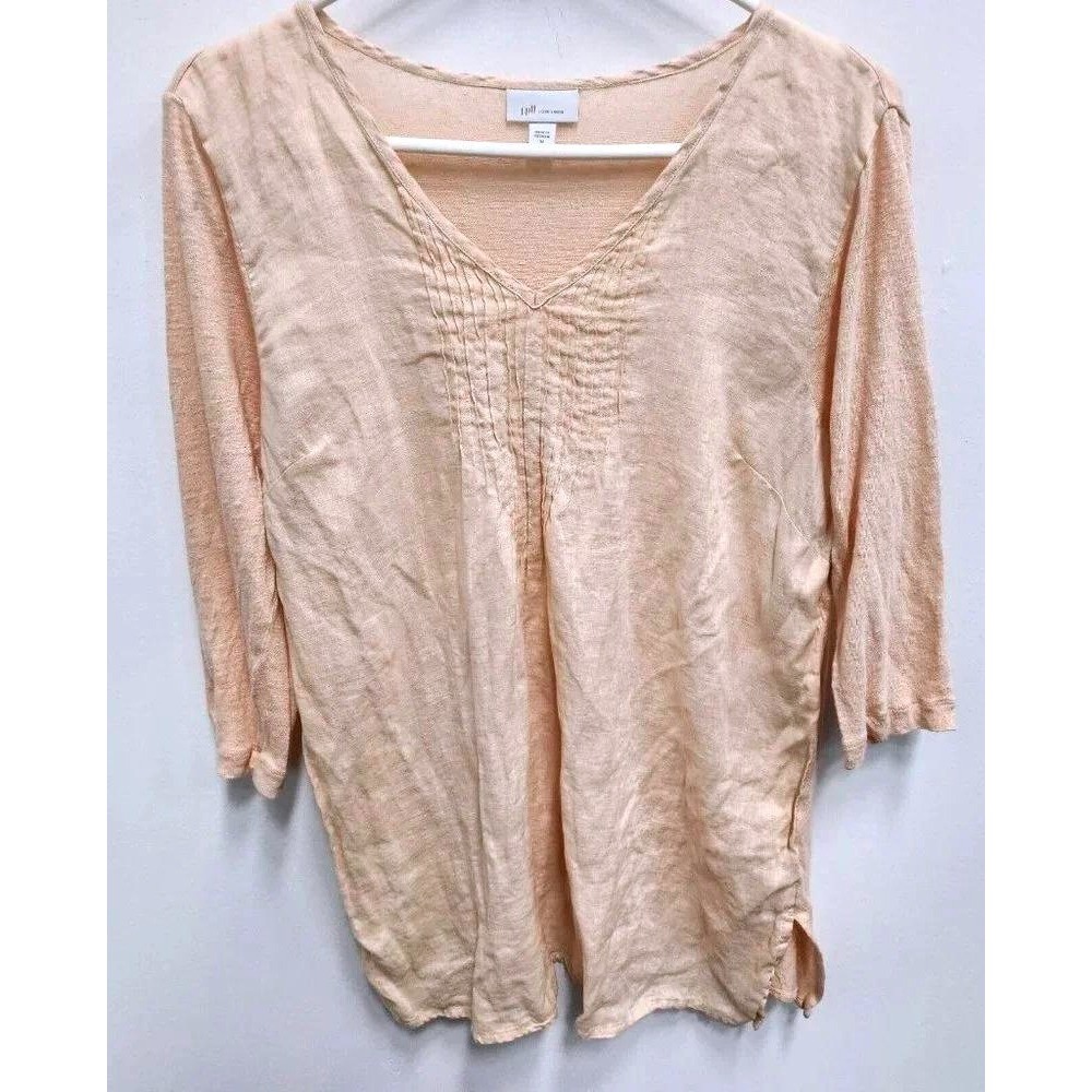 J.Jill Love Linen Top Womens Medium Peach Pintuck V-Neck 3/4 Sleeve Casual